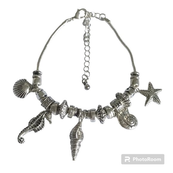 Seahorse Sea Life Charm Bracelet Shells Silver Plated Island 8-11" Plus Size - Picture 1 of 10
